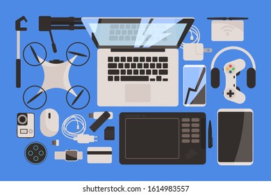 Gadgets set top view flat vector isolated illustration on blue background. Electronic gadget, device mockup. Laptop, tablet, smart phone, drone, usb flash drive, mouse and gamepad collection.