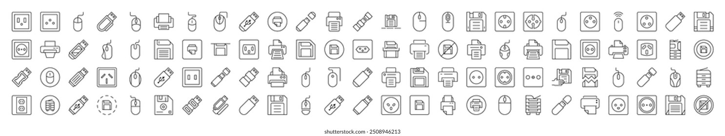 Gadgets Simple Linear Illustrations. Contains Icons of Outlet, Mouse, Memory Card, Printer that Can Be Used for Design of Cards, Posts, Apps, Web Sites 