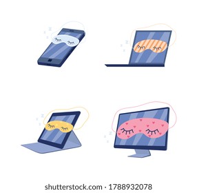 Gadgets in sleeping masks, isolated set of funny cartoon electronic devices - smartphone, laptop, tablet and monitor in hibernation mode, vector illustration.