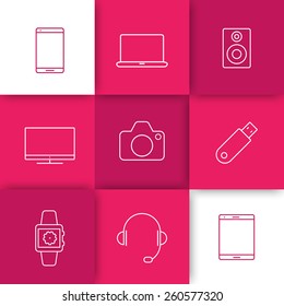 Gadgets (smartphone, tablet, tv, camera) line web icons on abstract geometrical background, vector illustration, eps10, easy to edit