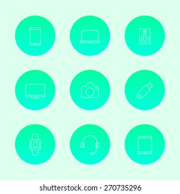 Gadgets (smartphone, tablet, tv, camera) line white icons, vector illustration, eps10, easy to edit
