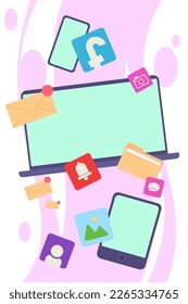 Gadgets with social media apps symbols vector illustration. Cartoon drawing of smartphone, laptop, tablet, letters and notification symbols. Communication, technology, social media or network concept