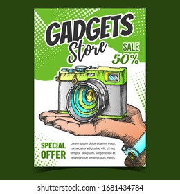 Gadgets Store Creative Advertising Banner Vector. Hand Holding Ancient Photo Camera, Gadgets Special Offer. Photograph Technology Accessory Concept Layout Designed In Vintage Style Illustration