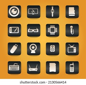 Gadgets symbols on black buttons on yellow background