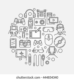 Gadgets and technology illustration. Vector round gadget creative sign or symbol in thin line style