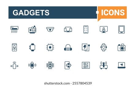 Gadgets thin line icon set. Includes icons for mobile, charger, pc, coworking, glyph, cloud and more. Perfect for logos and infographics. Outline and solid pictogram.