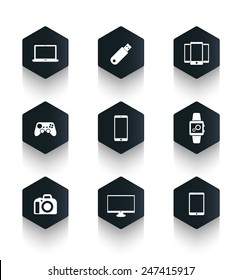 gadgets trendy hexagonal icons dark set vector illustration, eps10, easy to edit