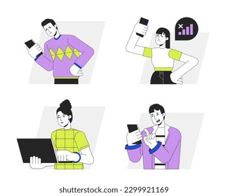 Gadgets use in daily life flat line vector spot illustration set. Millennial 2D cartoon outline characters on white for web UI design. Technology dependence editable isolated colorful hero image pack