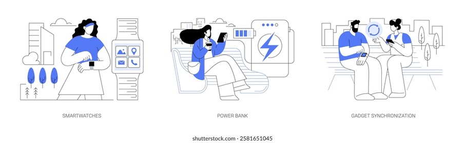 Gadgets use isolated cartoon vector illustrations set. Woman looking at her smartwatches on the wrist, charging her smartphone using a power bank device, gadget synchronization vector cartoon.