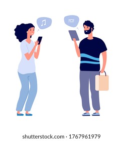 Gadgets using. People chatting, man woman search information in internet. Web connecting and conversation. Flat guys with smartphones vector illustration