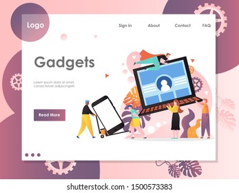 Gadgets vector website template, web page and landing page design for website and mobile site development. People with laptop computer and smartphone, popular mobile devices.