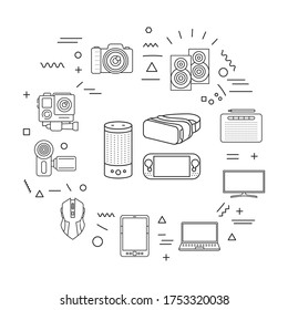 Banner web de gadgets. Dispositivos electrónicos. Infografía con iconos lineales sobre fondo blanco. Concepto creativo. Ilustración negra de contorno aislado