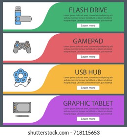 Gadgets web banner templates set. Flash drive, gamepad, USB hub, graphic tablet. Website color menu items. Vector headers design concepts