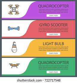 Gadgets web banner templates set. Quadrocopters, gyro scooter, light bulb. Website color menu items. Vector headers design concepts