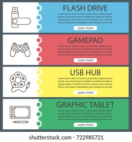 Gadgets web banner templates set. USB hub, memory stick, graphic tablet, gamepad. Website color menu items with linear icons. Vector headers design concepts