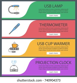 Gadgets web banner templates set. USB cup warmer, lamp, electronic thermometer, projection clock. Website color menu items. Vector headers design concepts