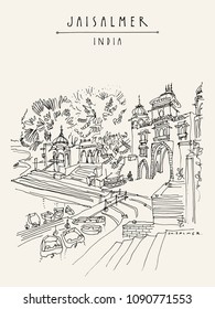 Gadisar (Gadi Sagar) lake in Jaisalmer, Rajasthan, India. Beautiful aged buildings and water. Travel sketch. Vintage hand drawn touristic postcard or poster. Vector illustration