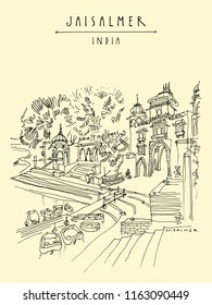 Gadisar (Gadi Sagar) lake in Jaisalmer, Rajasthan, India. Beautiful aged buildings and water. Travel sketch. Vintage hand drawn touristic postcard or poster. Vector illustration