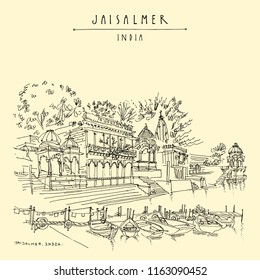 Gadisar (Gadi Sagar) lake in Jaisalmer, Rajasthan, India. Beautiful aged buildings and water. Travel sketch. Vintage hand drawn touristic postcard or poster. Vector illustration