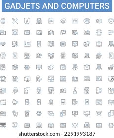 Gadjets and computers outline icons collection. Gadgets, Computers, Technology, Electronics, Hardware, Laptops, Desktops vector illustration set. Smartphones, Tablets, Networking line signs