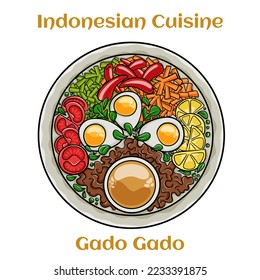 Gado-gado is a typical Indonesian salad containing boiled vegetables and potatoes, boiled eggs, fried tofu tempeh and lontong, served with peanut sauce