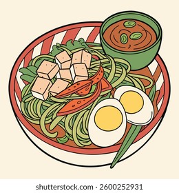 Gado-gado is a typical Indonesian salad containing boiled vegetables and potatoes, boiled eggs, fried tofu tempeh and lontong, served with peanut sauce
