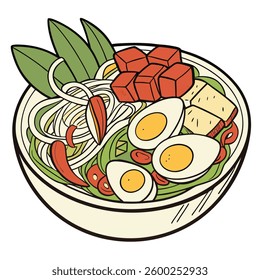 Gado-gado is a typical Indonesian salad containing boiled vegetables and potatoes, boiled eggs, fried tofu tempeh and lontong, served with peanut sauce
