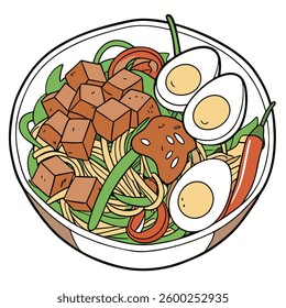 Gado-gado is a typical Indonesian salad containing boiled vegetables and potatoes, boiled eggs, fried tofu tempeh and lontong, served with peanut sauce
