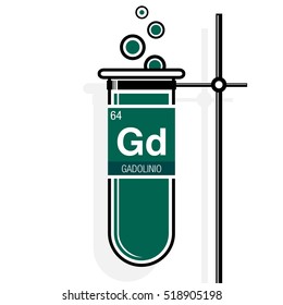 Gadolinio symbol - Gadolinium in Spanish language - on label in a green test tube with holder. Element number 64 of the Periodic Table of the Elements - Chemistry 