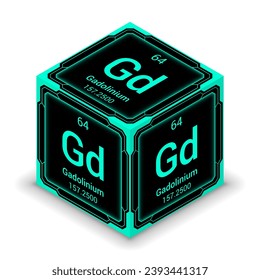 Gadolinium (Gd) (064) - Fundamental Element Futuristic Cybernetic Cube Block Isometric View, Icon Isolated White Background, Periodic Table, Chemical Symbol, Name, Atomic Mass, Atomic Number