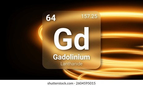 Gadolinium (Gd) (064) Lanthanide, Glass Morphism Element Futuristic Neon Light Glow Background Periodic Table, Chemical Symbol, Name, Atomic Mass, Atomic Number, Vector Illustration