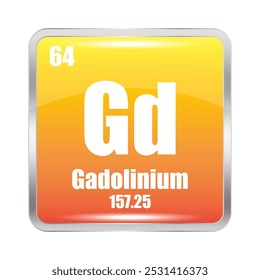 Gadolinium icon. Gd chemical element. Atomic number 64. Mass 157.25. Orange square image. Vector symbol.