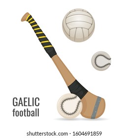 Gaelic football club and balls icon set. Irish football sport equipment. Vector