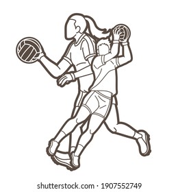 Gaelic Football Male and Female Players Action Cartoon Graphic Vector