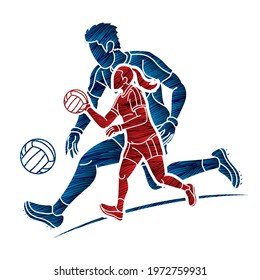 Gaelic Football Male and Female Players Sport Mix Action Cartoon Graphic Vector