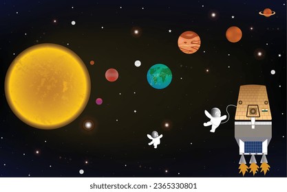 Gaganyaan Illustration with Astronauts Entering Space Amongst the Planets 