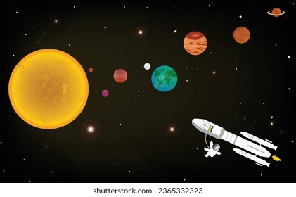 Gaganyaan Launch into Space Illustration with Rocket Carrying Astronaut and Set of Icons of Sun and Other Planets of Solar System 