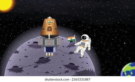Gaganyaan Launch in Space Illustration with Astronaut Holding National Flag 