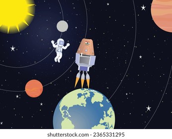 Gaganyaan Traveling into Space Illustration with Astronaut Floating in the Solar System 