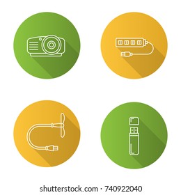 Gagdets flat linear long shadow icons set. Projector, USB fan and hub, memory stick. Vector outline illustration