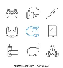 Gagdets linear icons set. Gamepad, VR headset, electronic thermometer, headphones, USB lamp, tablet computer, flash drive, spinner. Thin line contour symbols. Isolated vector outline illustrations