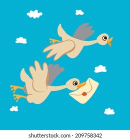 Gaggle mail delivery. Two funny geese fly. One goose has a letter in its beak. Cartoon illustration. Vector. Blue sky with clouds as background.