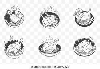 Gai Yang Grilled Chicken Art Vetor Set Ilustração Detalhada de Frango Tailandês Churrasco em Várias Poses