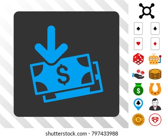 Gain Banknotes blue pictograph inside gray rounded square with bonus gambling pictures. Vector illustration style is flat iconic symbols. Designed for gamble websites.