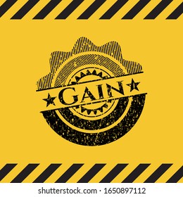 Gain black grunge emblem, yellow warning sign. Vector Illustration. Detailed.