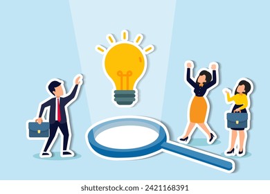 Gain intel for competitive edge, win in competition, uncover business outlook concept, business people team looking at lightbulb floating from magnifying glass.