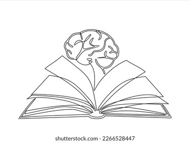 Obtener conocimiento de los libros - dibujo de línea continua del libro abierto tendido con el gran cerebro humano volando por encima. Lectura, inteligencia y sabiduría, ilustración vectorial