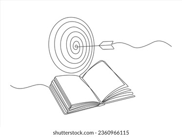 Obtener conocimiento de los libros - dibujo continuo de línea de libro abierto tendido con el objetivo volando por encima. Lectura, inteligencia y sabiduría, ilustración vectorial