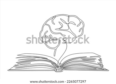 Gain knowledge from books - continuous line drawing of Open book lying down with big human brain flying above. Reading, intelligence and wisdom concept, vector illustration