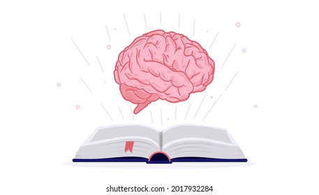 Obtener conocimiento de los libros - Libro de texto abierto tendido con el gran cerebro humano volando por encima. Lectura, inteligencia y sabiduría, ilustración vectorial